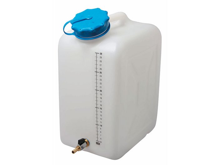 Récipient en matière plastique avec graduation pour liquide de refroidissement, col large et robinet à sphère